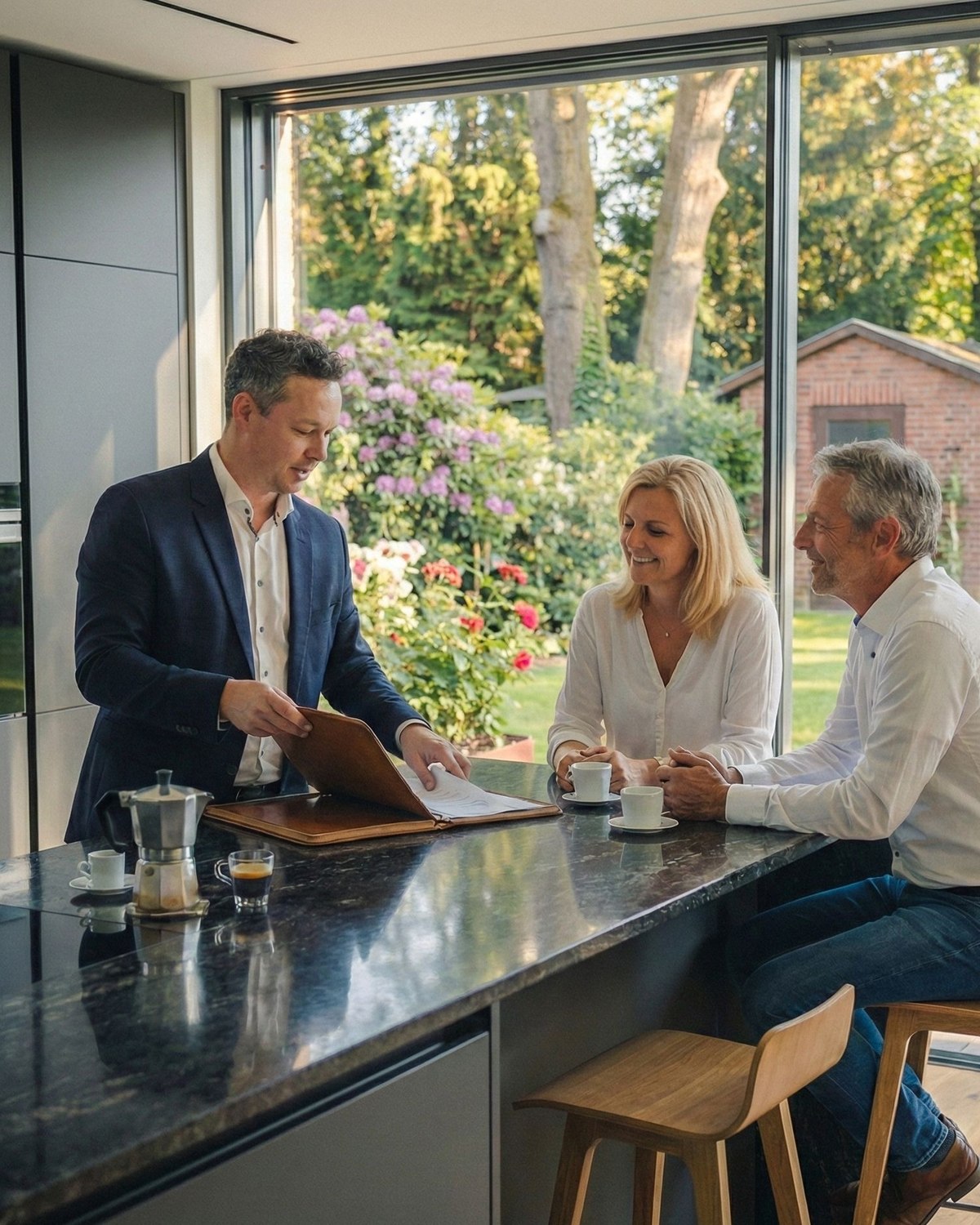 Fabian Falk im Gespräch mit Eigentümern am Küchentresen, Blick in den Garten